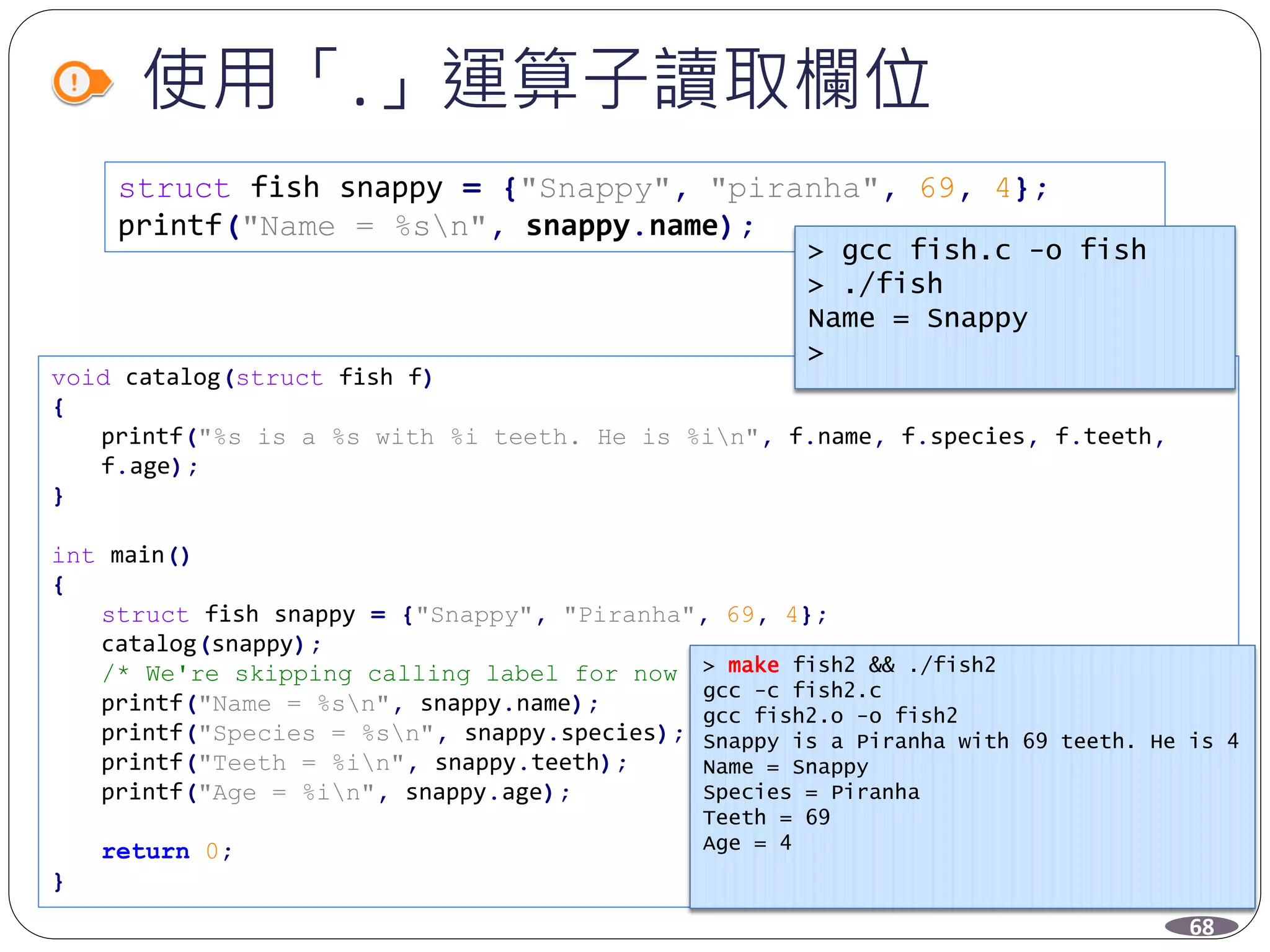 使用「.」運算子讀取欄位
struct fish snappy = {"Snappy", "piranha", 69, 4};
printf("Name = %sn", snappy.name);
void catalog(struct fish f)
{
printf("%s is a %s with %i teeth. He is %in", f.name, f.species, f.teeth,
f.age);
}
int main()
{
struct fish snappy = {"Snappy", "Piranha", 69, 4};
catalog(snappy);
/* We're skipping calling label for now */
printf("Name = %sn", snappy.name);
printf("Species = %sn", snappy.species);
printf("Teeth = %in", snappy.teeth);
printf("Age = %in", snappy.age);
return 0;
}
> gcc fish.c -o fish
> ./fish
Name = Snappy
>
> make fish2 && ./fish2
gcc -c fish2.c
gcc fish2.o -o fish2
Snappy is a Piranha with 69 teeth. He is 4
Name = Snappy
Species = Piranha
Teeth = 69
Age = 4
68
 