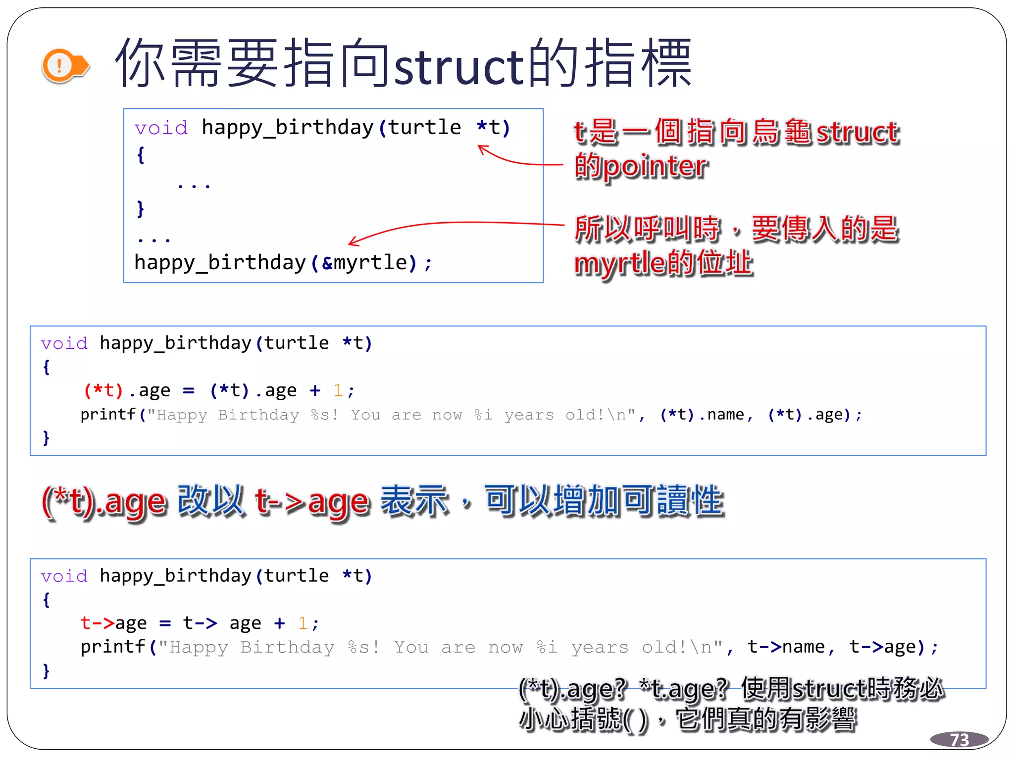 你需要指向struct的指標
void happy_birthday(turtle *t)
{
...
}
...
happy_birthday(&myrtle);
void happy_birthday(turtle *t)
{
(*t).age = (*t).age + 1;
printf("Happy Birthday %s! You are now %i years old!n", (*t).name, (*t).age);
}
void happy_birthday(turtle *t)
{
t->age = t-> age + 1;
printf("Happy Birthday %s! You are now %i years old!n", t->name, t->age);
}
73
 