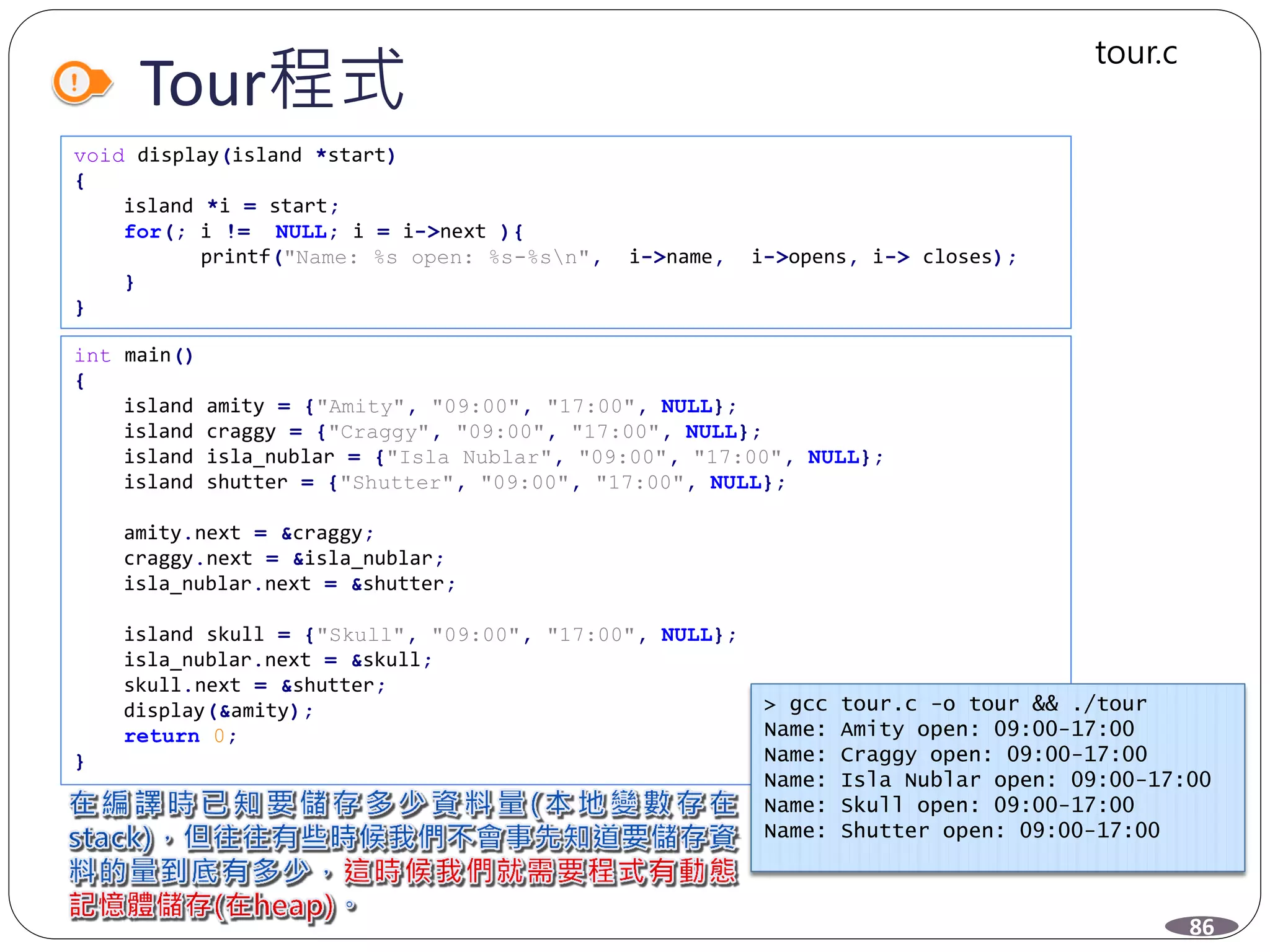 Tour程式
void display(island *start)
{
island *i = start;
for(; i != NULL; i = i->next ){
printf("Name: %s open: %s-%sn", i->name, i->opens, i-> closes);
}
}
int main()
{
island amity = {"Amity", "09:00", "17:00", NULL};
island craggy = {"Craggy", "09:00", "17:00", NULL};
island isla_nublar = {"Isla Nublar", "09:00", "17:00", NULL};
island shutter = {"Shutter", "09:00", "17:00", NULL};
amity.next = &craggy;
craggy.next = &isla_nublar;
isla_nublar.next = &shutter;
island skull = {"Skull", "09:00", "17:00", NULL};
isla_nublar.next = &skull;
skull.next = &shutter;
display(&amity);
return 0;
}
> gcc tour.c -o tour && ./tour
Name: Amity open: 09:00-17:00
Name: Craggy open: 09:00-17:00
Name: Isla Nublar open: 09:00-17:00
Name: Skull open: 09:00-17:00
Name: Shutter open: 09:00-17:00
86
tour.c
 
