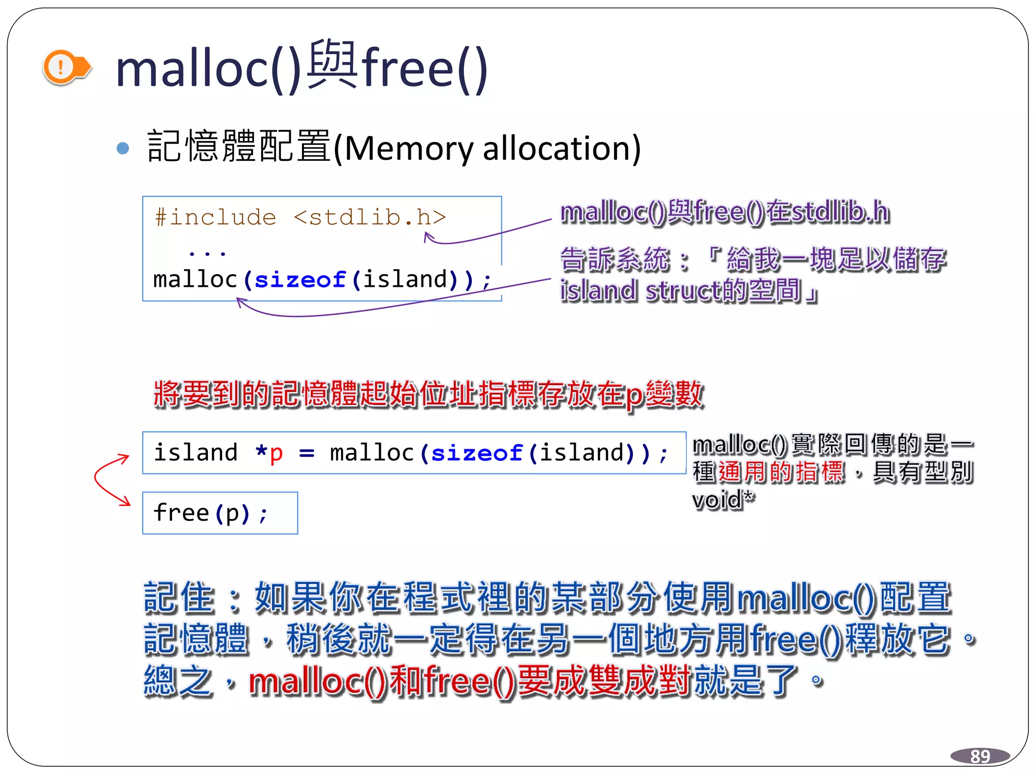 malloc()與free()
 記憶體配置(Memory allocation)
#include <stdlib.h>
...
malloc(sizeof(island));
island *p = malloc(sizeof(island));
free(p);
89
 