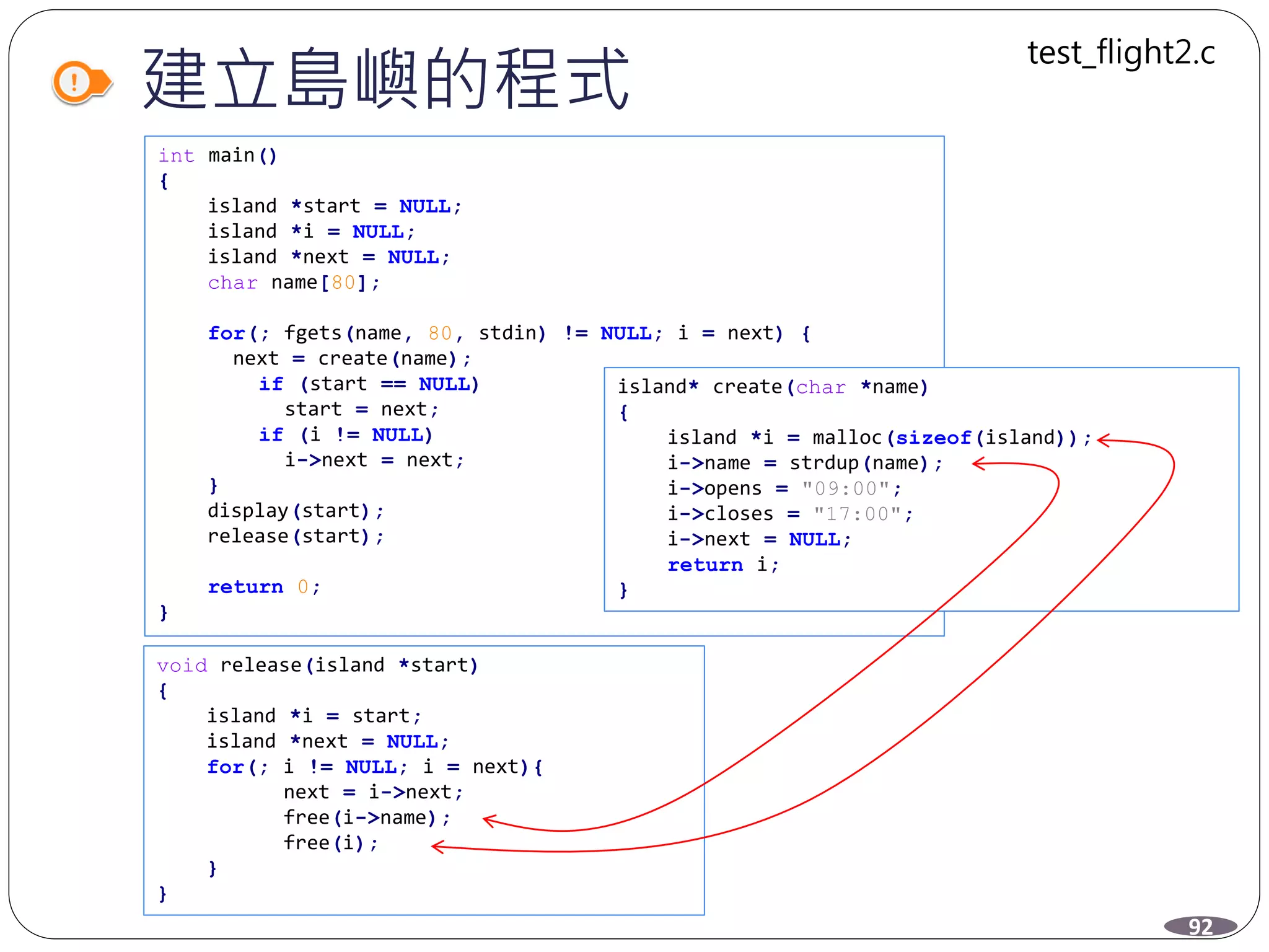 建立島嶼的程式
int main()
{
island *start = NULL;
island *i = NULL;
island *next = NULL;
char name[80];
for(; fgets(name, 80, stdin) != NULL; i = next) {
next = create(name);
if (start == NULL)
start = next;
if (i != NULL)
i->next = next;
}
display(start);
release(start);
return 0;
}
void release(island *start)
{
island *i = start;
island *next = NULL;
for(; i != NULL; i = next){
next = i->next;
free(i->name);
free(i);
}
}
island* create(char *name)
{
island *i = malloc(sizeof(island));
i->name = strdup(name);
i->opens = "09:00";
i->closes = "17:00";
i->next = NULL;
return i;
}
92
test_flight2.c
 