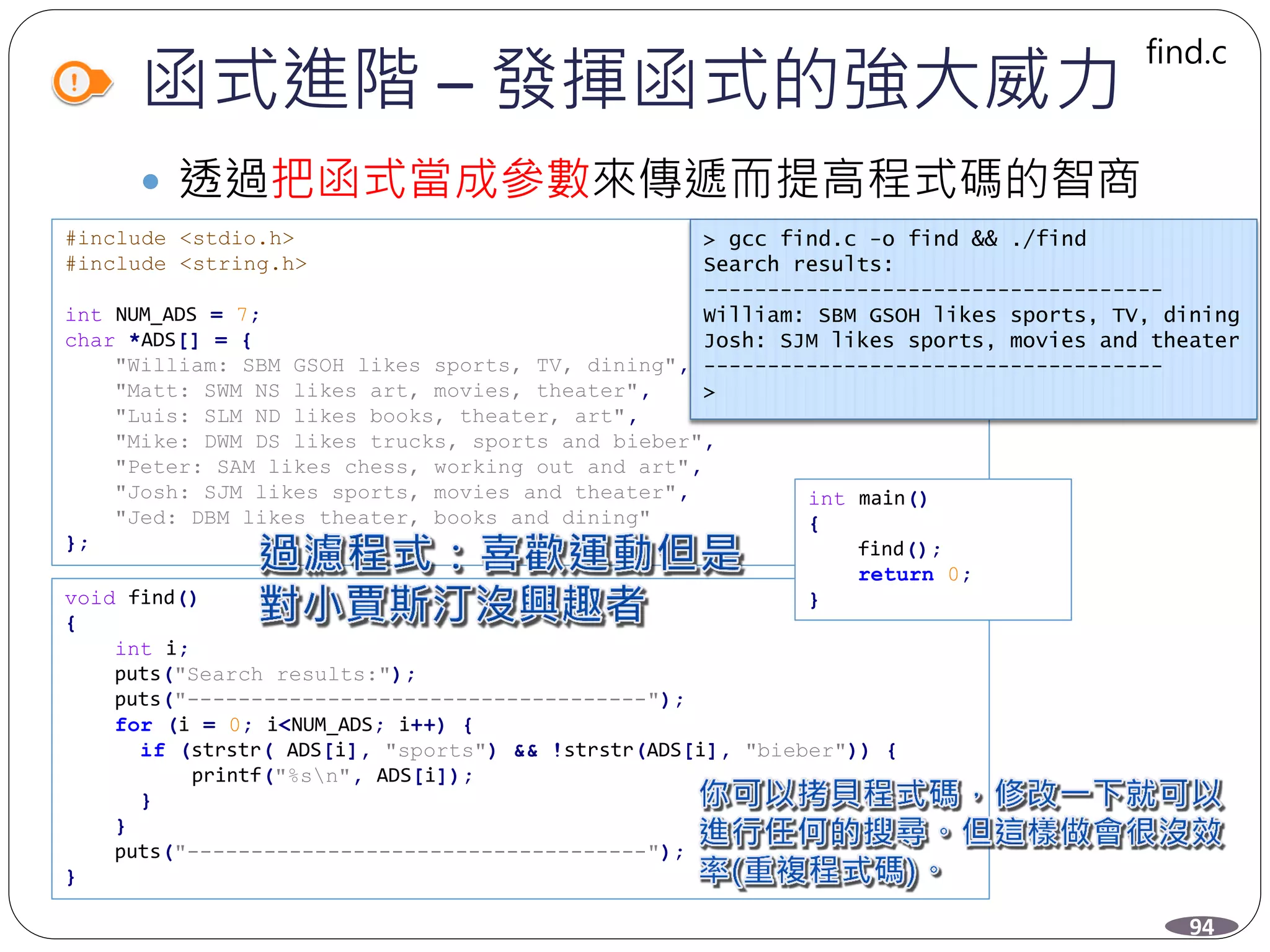 函式進階 – 發揮函式的強大威力
 透過把函式當成參數來傳遞而提高程式碼的智商
#include <stdio.h>
#include <string.h>
int NUM_ADS = 7;
char *ADS[] = {
"William: SBM GSOH likes sports, TV, dining",
"Matt: SWM NS likes art, movies, theater",
"Luis: SLM ND likes books, theater, art",
"Mike: DWM DS likes trucks, sports and bieber",
"Peter: SAM likes chess, working out and art",
"Josh: SJM likes sports, movies and theater",
"Jed: DBM likes theater, books and dining"
};
void find()
{
int i;
puts("Search results:");
puts("------------------------------------");
for (i = 0; i<NUM_ADS; i++) {
if (strstr( ADS[i], "sports") && !strstr(ADS[i], "bieber")) {
printf("%sn", ADS[i]);
}
}
puts("------------------------------------");
}
> gcc find.c -o find && ./find
Search results:
------------------------------------
William: SBM GSOH likes sports, TV, dining
Josh: SJM likes sports, movies and theater
------------------------------------
>
94
int main()
{
find();
return 0;
}
find.c
 