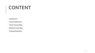 CONTENT
Introduction
Terms & Definitions
Tender Process Map
Bidding Process Map
Proposal Evaluation
2
 