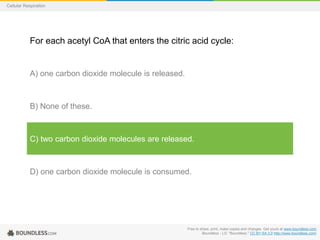 Free to share, print, make copies and changes. Get yours at www.boundless.com
Boundless - LO. "Boundless." CC BY-SA 3.0 http://www.boundless.com/
Cellular Respiration
For each acetyl CoA that enters the citric acid cycle:
A) one carbon dioxide molecule is released.
B) None of these.
C) two carbon dioxide molecules are released.
D) one carbon dioxide molecule is consumed.
 