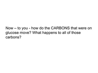 Now – to you - how do the CARBONS that were on
glucose move? What happens to all of those
carbons?
 