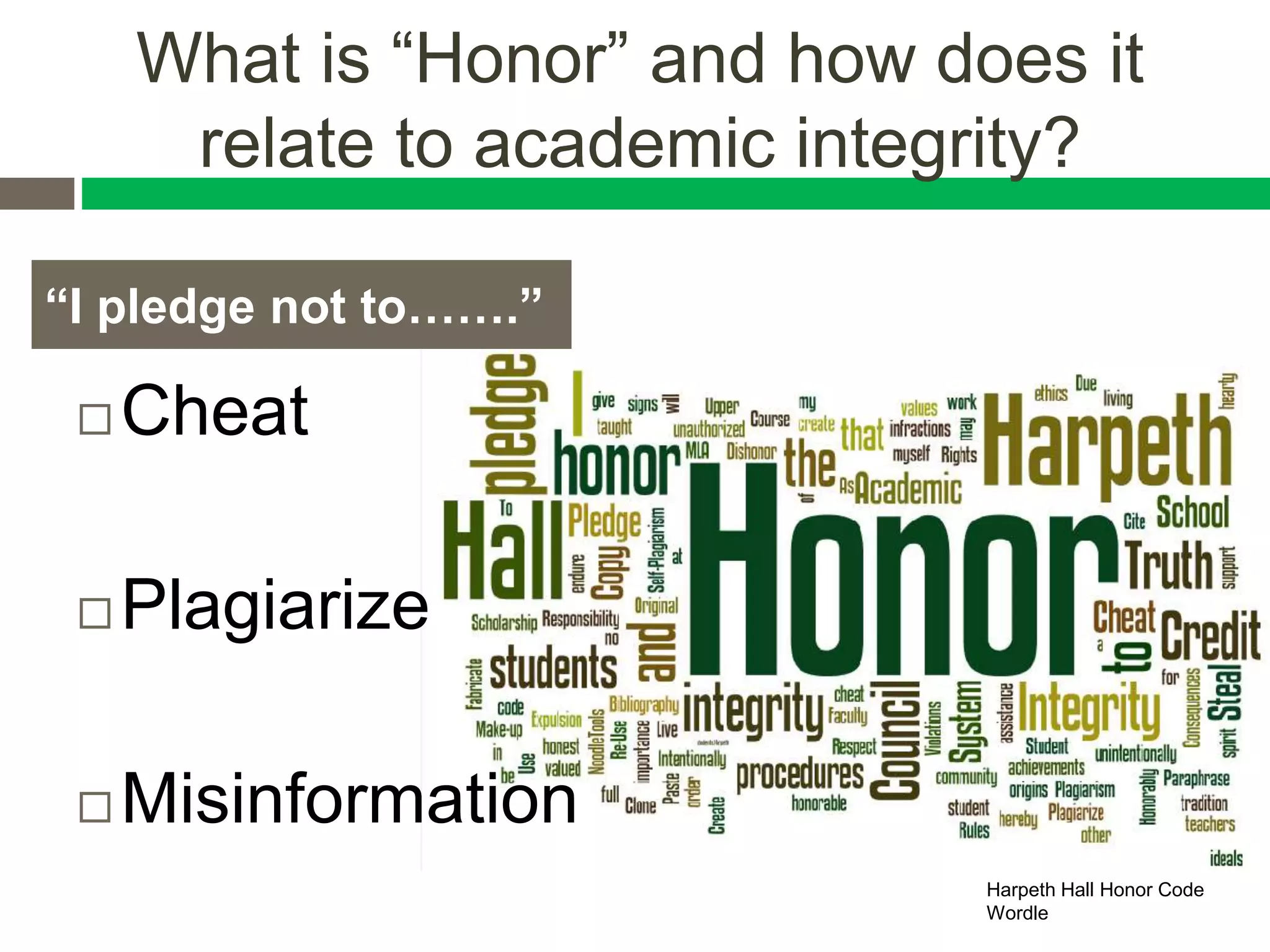 What is “Honor” and how does it
relate to academic integrity?
 Cheat
 Plagiarize
 Misinformation
“I pledge not to…….”
Harpeth Hall Honor Code
Wordle
 