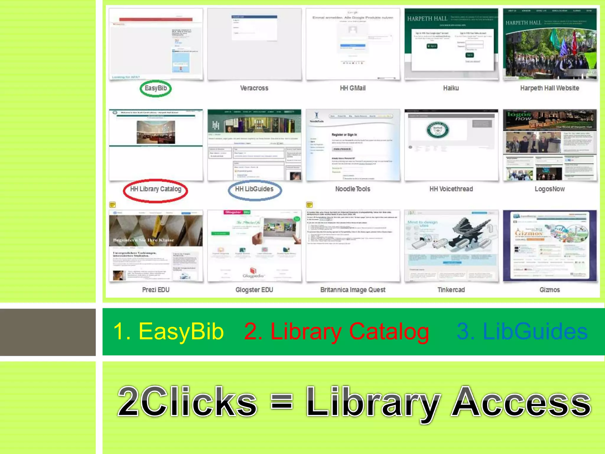 1. EasyBib 2. Library Catalog 3. LibGuides
 