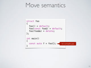 Move semantics
93
struct foo
{
foo() = default;
foo(const foo&) = default;
foo(foo&&) = delete;
};
int main()
{
const auto f = foo{};
}
ne compile pas
 