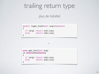 trailing return type
102
double (*get_fun2(bool arg))(double)
{
if (arg) return std::cos;
else return std::sin;
}
plus de lisibilité
auto get_fun(bool arg)
-> double(*)(double)
{
if (arg) return std::cos;
else return std::sin;
}
vs
 