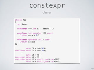 constexpr
132
classes
struct foo
{
int data;
constexpr foo(int d) : data(d) {}
constexpr int operator()() const
{return data + 1;}
constexpr operator int() const
{return data;}
};
auto f0 = foo{42};
constexpr auto f1 = foo{33};
auto i0 = f0();
constexpr auto i1 = f1();
constexpr auto i2 = static_cast<int>(f1);
auto i3 = static_cast<int>(f1);
 