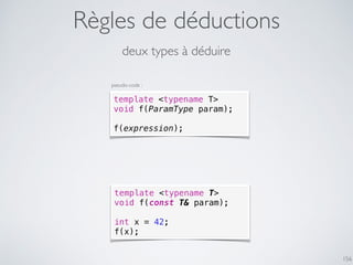Règles de déductions
156
template <typename T>
void f(ParamType param);
f(expression);
deux types à déduire
template <typename T>
void f(const T& param);
int x = 42;
f(x);
pseudo-code :
 