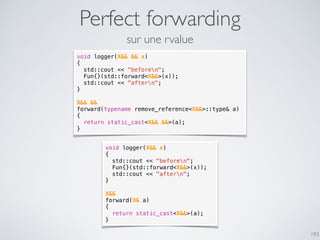 Perfect forwarding
193
sur une rvalue
void logger(X&& && x)
{
std::cout << "beforen";
Fun{}(std::forward<X&&>(x));
std::cout << "aftern";
}
X&& &&
forward(typename remove_reference<X&&>::type& a)
{
return static_cast<X&& &&>(a);
}
void logger(X&& x)
{
std::cout << "beforen";
Fun{}(std::forward<X&&>(x));
std::cout << "aftern";
}
X&&
forward(X& a)
{
return static_cast<X&&>(a);
}
 