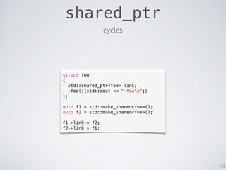 232
shared_ptr
cycles
struct foo
{
std::shared_ptr<foo> link;
~foo(){std::cout << "~foon";}
};
auto f1 = std::make_shared<foo>();
auto f2 = std::make_shared<foo>();
f1->link = f2;
f2->link = f1;
 