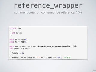 255
reference_wrapper
struct foo
{
int data;
};
auto f0 = foo{0};
auto f1 = foo{1};
auto vec = std::vector<std::reference_wrapper<foo>>{f0, f1};
for (foo& f : vec)
{
f.data = 5;
}
std::cout << f0.data << " " << f1.data << ‘n'; // 5 5
comment créer un conteneur de références? (4)
 