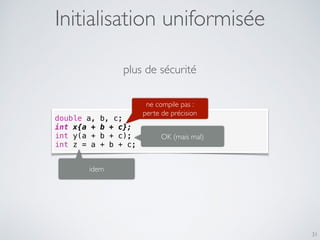 31
double a, b, c;
int x{a + b + c};
int y(a + b + c);
int z = a + b + c;
ne compile pas :
perte de précision
OK (mais mal)
idem
plus de sécurité
Initialisation uniformisée
 