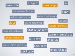 4
ranged-base for loop
auto
constexpr
static_assert
rvalues references
enum class
uniform initialization
noexcept
variadic templates
relaxed POD deﬁnition
nullptr
unrestricted unions
lambdas
decltype
trailing return type
extern template
final
override
>>
user-deﬁned literals
alignas
alignof
 