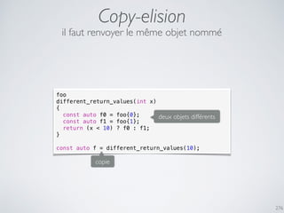 Copy-elision
276
foo
different_return_values(int x)
{
const auto f0 = foo{0};
const auto f1 = foo{1};
return (x < 10) ? f0 : f1;
}
const auto f = different_return_values(10);
il faut renvoyer le même objet nommé
copie
deux objets différents
 
