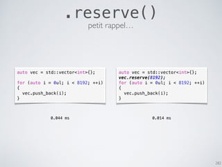282
.reserve()
petit rappel…
auto vec = std::vector<int>{};
for (auto i = 0ul; i < 8192; ++i)
{
vec.push_back(i);
}
auto vec = std::vector<int>{};
vec.reserve(8192);
for (auto i = 0ul; i < 8192; ++i)
{
vec.push_back(i);
}
0.044 ms 0.014 ms
 