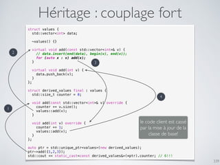 339
Héritage : couplage fort
struct values {
std::vector<int> data;
~values() {}
virtual void add(const std::vector<int>& v) {
// data.insert(end(data), begin(v), end(v));
for (auto x : v) add(x);
}
virtual void add(int v) {
data.push_back(v);
}
};
struct derived_values final : values {
std::size_t counter = 0;
void add(const std::vector<int>& v) override {
counter += v.size();
values::add(v);
}
void add(int v) override {
counter += 1;
values::add(v);
}
};
auto ptr = std::unique_ptr<values>(new derived_values);
ptr->add({1,2,3});
std::cout << static_cast<const derived_values&>(*ptr).counter; // 6!!!
1
2
3
4
le code client est cassé
par la mise à jour de la
classe de base!
 
