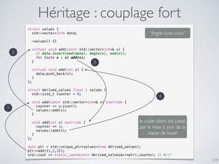 339
Héritage : couplage fort
struct values {
std::vector<int> data;
~values() {}
virtual void add(const std::vector<int>& v) {
// data.insert(end(data), begin(v), end(v));
for (auto x : v) add(x);
}
virtual void add(int v) {
data.push_back(v);
}
};
struct derived_values final : values {
std::size_t counter = 0;
void add(const std::vector<int>& v) override {
counter += v.size();
values::add(v);
}
void add(int v) override {
counter += 1;
values::add(v);
}
};
auto ptr = std::unique_ptr<values>(new derived_values);
ptr->add({1,2,3});
std::cout << static_cast<const derived_values&>(*ptr).counter; // 6!!!
1
2
3
4
le code client est cassé
par la mise à jour de la
classe de base!
“fragile base class”
 