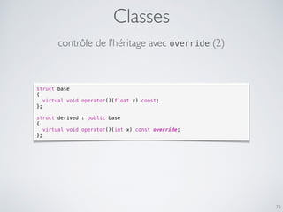 Classes
73
contrôle de l’héritage avec override (2)
struct base
{
virtual void operator()(float x) const;
};
struct derived : public base
{
virtual void operator()(int x) const override;
};
 