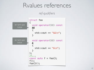 Rvalues references
87
ref-qualiﬁers
struct foo
{
void operator()() const
&&
{
std::cout << "&&n";
}
void operator()() const
&
{
std::cout << "&n";
}
};
//...
const auto f = foo{};
f();
foo{}();
en tant que
rvalue
en tant que
lvalue
 