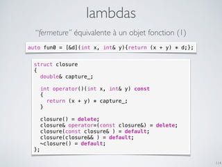 lambdas
114
“fermeture” équivalente à un objet fonction (1)
struct closure
{
double& capture_;
int operator()(int x, int& ...