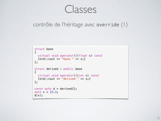 Classes
72
contrôle de l’héritage avec override (1)
struct base
{
virtual void operator()(float x) const
{std::cout << "ba...