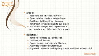 4
Enjeux et
Bénéfices
 Enjeux
– Résoudre des situations difficiles
– Eviter que les missions s’enveniment
– Améliorer l’efficacité des équipes
– Rendre un service de qualité aux clients
– Placer son énergie dans la production
(et non dans les règlements de comptes)
 Bénéfices
– Renforcer l’image de l’entreprise
– Fidéliser et foisonner
– Garder des ressources compétentes
– Avoir des collaborateurs motivés
– Gagner du temps et de l’argent par une meilleure productivité
Contactissime
Communiquons Ici & Maintenant
 