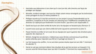 Exemples…
5
 Henriette veut démontrer à son client qu’il a tort (en fait, elle cherche une façon de
protéger son équipe)
 Murielle, incident manager, veut que les tickets soient mieux renseignés par les techniciens
(mais partagent-ils tous le même problème ?)
 Philippe raconte qu’il s’est fait sermonné sur son projet à cause d’impondérables qui le
retardent. Il respecte en fin de compte son planning sous l’indifférence complète de son
directeur (il s’aperçoit que finalement il se sent frustré ; que dire à son responsable ?)
 David veut que son client arrête de hurler (et si les équipes ne faisaient plus d’erreurs ?)
 Laurent veut aussi que son client arrête de hurler (quand et comment le lui dire ?)
 Pascal cherche à arrêter le turn-over de ses équipes (en quoi la gestion des émotions peut
apporter des réponses ?)
 Michel, chargé de recrutement, n’obtient pas assez tôt des commerciaux le profil des
postes attendus pour répondre aux AO (a-t-il partagé son besoin ?)
 Luc fuit toujours les conflits ; ils ne sont donc jamais résolus (quel est son rôle ? Comment
les aborder ?)
 Hervé ne sait pas comment obtenir des résultats de la part de services sur lesquels il n’a
aucune autorité hiérarchique (avec qui doit-il travailler ? Comment les responsabiliser ?)
Contactissime
Communiquons Ici & Maintenant
 