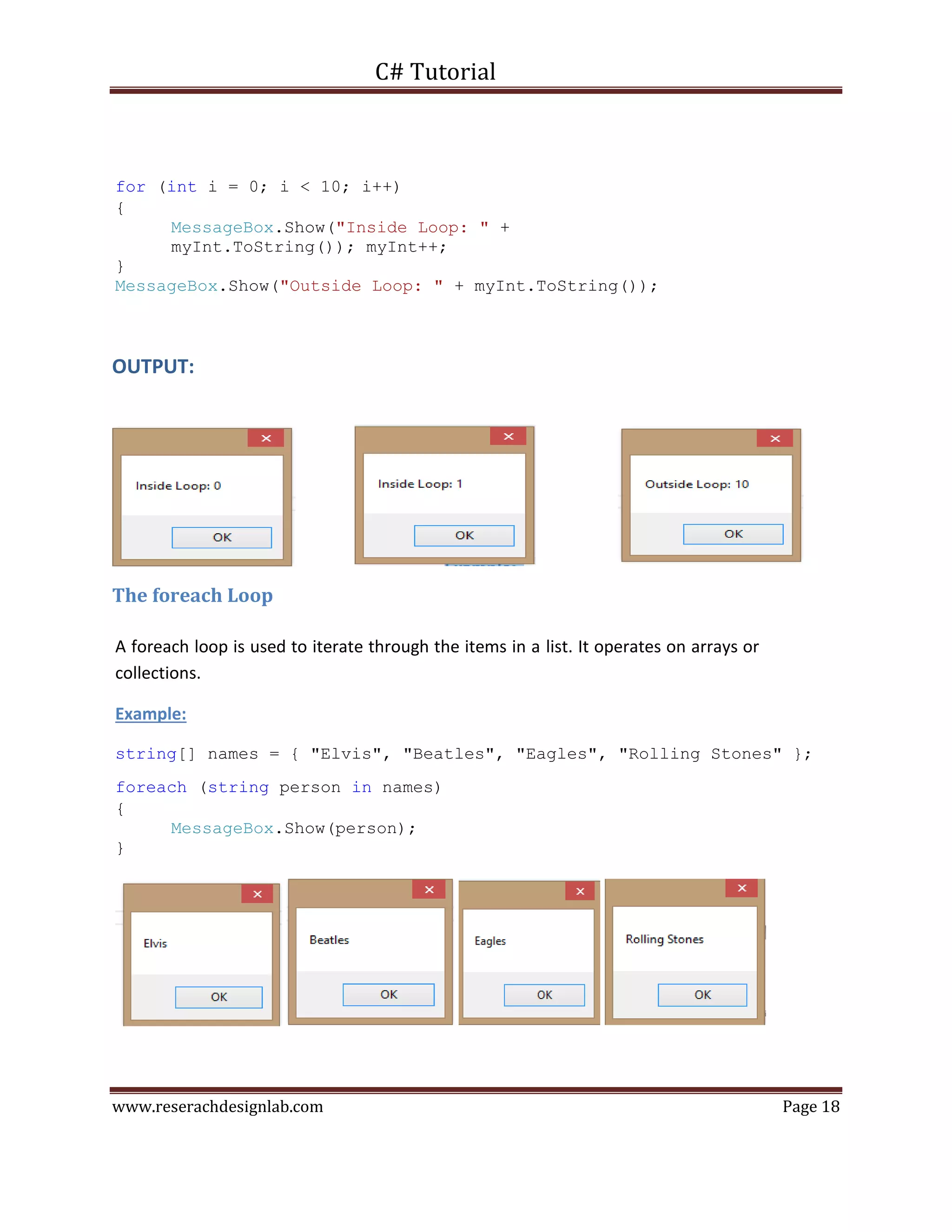 C# Tutorial
www.reserachdesignlab.com Page 18
for (int i = 0; i < 10; i++)
{
MessageBox.Show("Inside Loop: " +
myInt.ToString()); myInt++;
}
MessageBox.Show("Outside Loop: " + myInt.ToString());
OUTPUT:
The foreach Loop
A foreach loop is used to iterate through the items in a list. It operates on arrays or
collections.
Example:
string[] names = { "Elvis", "Beatles", "Eagles", "Rolling Stones" };
foreach (string person in names)
{
MessageBox.Show(person);
}
 
