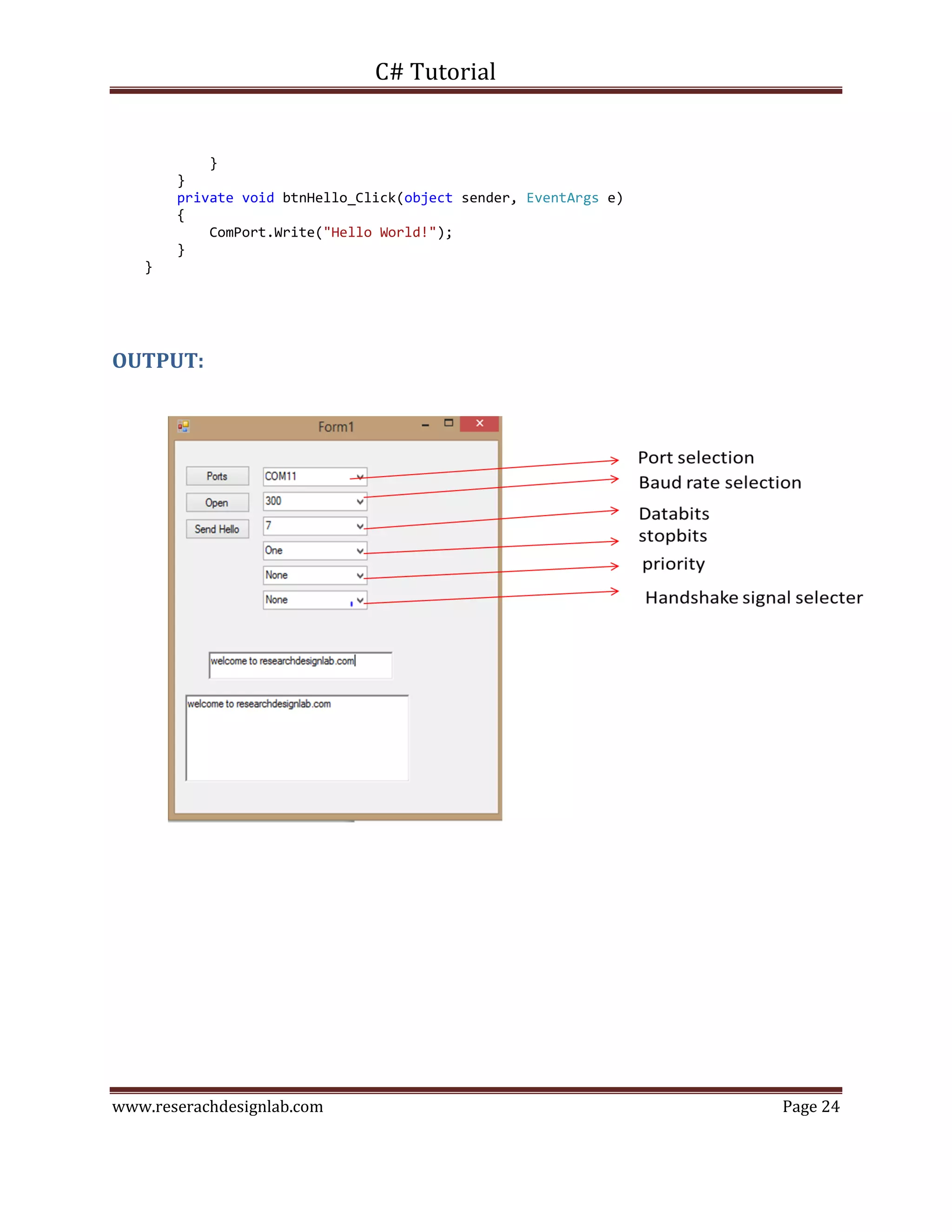 C# Tutorial
www.reserachdesignlab.com Page 24
}
}
private void btnHello_Click(object sender, EventArgs e)
{
ComPort.Write("Hello World!");
}
}
OUTPUT:
 