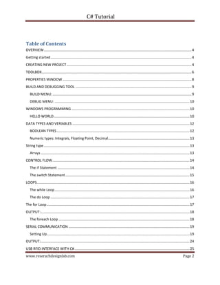 C# Tutorial
www.reserachdesignlab.com Page 2
Table of Contents
OVERVIEW.....................................................................................................................................................4
Getting started..............................................................................................................................................4
CREATING NEW PROJECT..............................................................................................................................4
TOOLBOX.......................................................................................................................................................6
PROPERTIES WINDOW..................................................................................................................................8
BUILD AND DEBUGGING TOOL .....................................................................................................................9
BUILD MENU:............................................................................................................................................9
DEBUG MENU: ........................................................................................................................................10
WINDOWS PROGRAMMING .......................................................................................................................10
HELLO WORLD.........................................................................................................................................10
DATA TYPES AND VERIABLES ......................................................................................................................12
BOOLEAN TYPES......................................................................................................................................12
Numeric types: Integrals, Floating Point, Decimal..................................................................................13
String type...................................................................................................................................................13
Arrays......................................................................................................................................................13
CONTROL FLOW..........................................................................................................................................14
The if Statement .....................................................................................................................................14
The switch Statement .............................................................................................................................15
LOOPS..........................................................................................................................................................16
The while Loop........................................................................................................................................16
The do Loop ............................................................................................................................................17
The for Loop................................................................................................................................................17
OUTPUT:......................................................................................................................................................18
The foreach Loop ....................................................................................................................................18
SERIAL COMMUNICATION ..........................................................................................................................19
Setting Up................................................................................................................................................19
OUTPUT:......................................................................................................................................................24
USB RFID INTERFACE WITH C#....................................................................................................................25
 