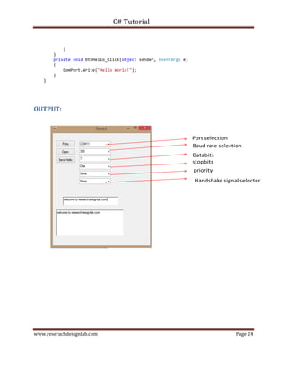 C# Tutorial
www.reserachdesignlab.com Page 24
}
}
private void btnHello_Click(object sender, EventArgs e)
{
ComPort.Write("Hello World!");
}
}
OUTPUT:
 