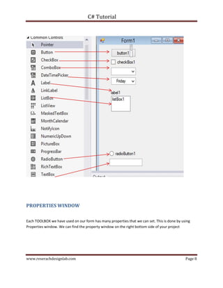 C# Tutorial
www.reserachdesignlab.com Page 8
PROPERTIES WINDOW
Each TOOLBOX we have used on our form has many properties that we can set. This is done by using
Properties window. We can find the property window on the right bottom side of your project
 