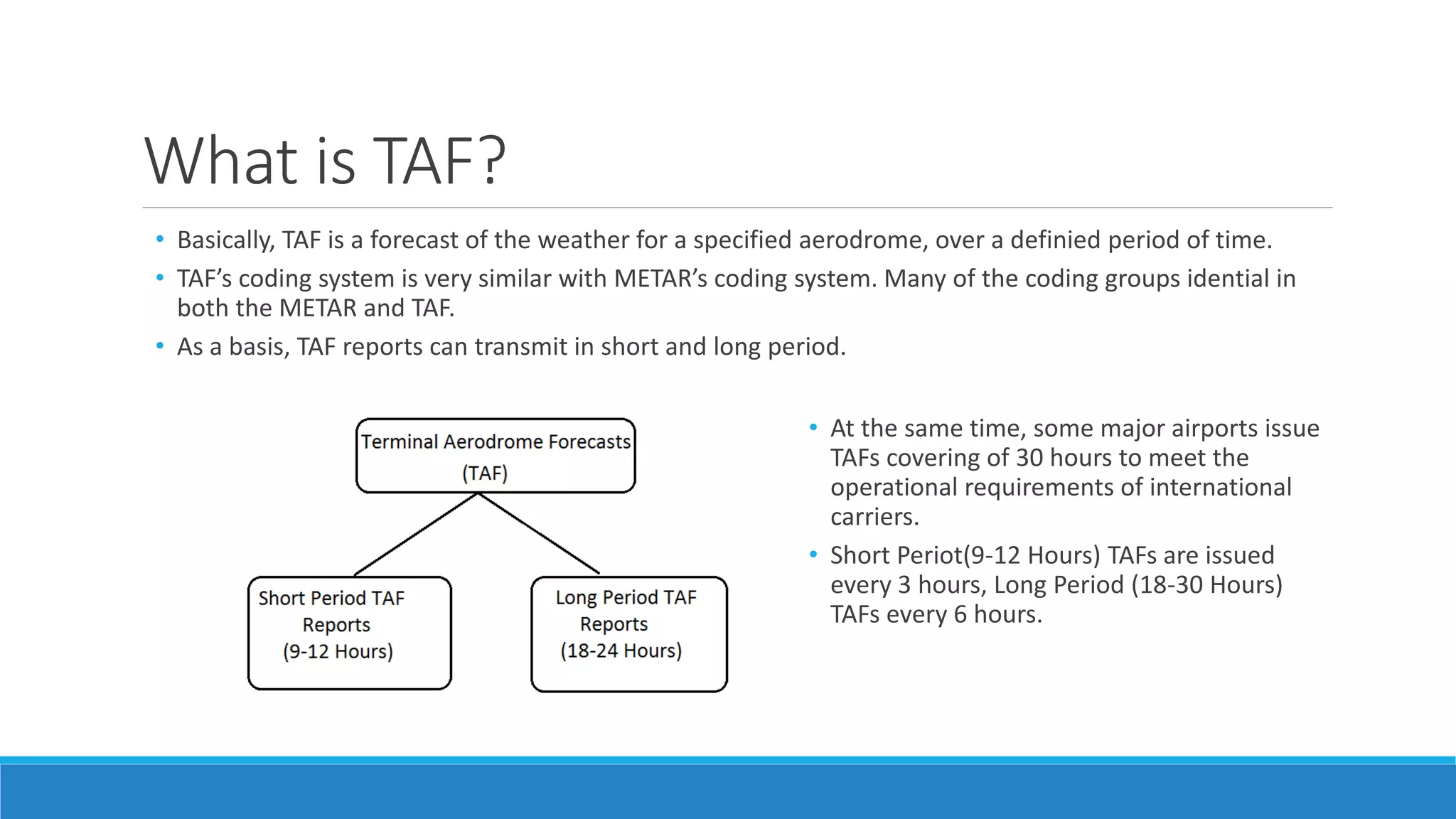 What is TAF?
• Basically, TAF is a forecast of the weather for a specified aerodrome, over a definied period of time.
• TAF’s coding system is very similar with METAR’s coding system. Many of the coding groups idential in
both the METAR and TAF.
• As a basis, TAF reports can transmit in short and long period.
• At the same time, some major airports issue
TAFs covering of 30 hours to meet the
operational requirements of international
carriers.
• Short Periot(9-12 Hours) TAFs are issued
every 3 hours, Long Period (18-30 Hours)
TAFs every 6 hours.
 