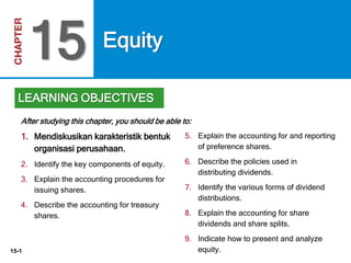 15-1
5. Explain the accounting for and reporting
of preference shares.
6. Describe the policies used in
distributing dividends.
7. Identify the various forms of dividend
distributions.
8. Explain the accounting for share
dividends and share splits.
9. Indicate how to present and analyze
equity.
After studying this chapter, you should be able to:
Equity
15
LEARNING OBJECTIVES
1. Mendiskusikan karakteristik bentuk
organisasi perusahaan.
2. Identify the key components of equity.
3. Explain the accounting procedures for
issuing shares.
4. Describe the accounting for treasury
shares.
 