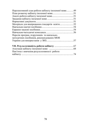 Перспективний план роботи кабінету іноземної мови...........49
План розвитку кабінету іноземної мови..................................51
Аналіз роботи кабінету іноземної мови...................................51
Завдання кабінету іноземної мови ...........................................51
Нормативні документи..............................................................51
Матеріали для вимірювання стандартів освіти......................52
Навчально-наочні посібники....................................................54
Екранно-звукові посібники.......................................................54
Навчально-методичні комплекси.............................................56
Перелік програм, підручників та навчально-
методичних посібників, рекомендованих МОН
України для використання у ЗНЗ.............................................57
VII. Результативність роботи кабінету ...............................67
Атестація кабінету іноземної мови ........................................68
Пам’ятка з вивчення результативності роботи
кабінету .....................................................................................74
78
 
