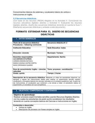 Conocimientos básicos de sistemas y vocabulario básico de verbos e
instrucciones en inglés.
5.3 Secuencias didácticas.
(Con base en los recursos (REDA) elegidos en la Actividad 4: Conociendo los
recursos educativos digitales abiertos y Actividad 5: Evaluando los recursos
digitales abiertos, diseñe dos secuencias didácticas teniendo en cuenta la Guía 1.
Diseñando secuencias didácticas y anéxela a este documento).
FORMATO ESTÁNDAR PARA EL DISEÑO DE SECUENCIAS
DIDÁCTICAS
1. DATOS GENERALES
Título de la secuencia didáctica:
Procedures – following commands
Secuencia didáctica #: 2
Institución Educativa: Sede Educativa: todas
Dirección: Llorente Municipio: Tumaco
Docentes responsables:
LUZ AMPARO ESTUPIÑAN
CARMEN OMAIRA NATASCU
MARIA EUGENIA CASTRO CORTES
NIDID ESPERANZA FAJARDO
Departamento: Nariño
Área de conocimiento: Inglés – ciencias
naturales
Tema: procesos - socialización
Grado: quinto. Tiempo: 2 horas
Descripción de la secuencia didáctica: Mediante un video los estudiantes observan, se
apropian y siguen las instrucciones dadas para realizar un experimento sencillo usando
vocabulario y conceptos básicos de ciencias naturales en el contexto académico real. A partir de
las instrucciones, el vocabulario que contienen y los temas a tratar, el estudiante realiza el
experimento y lo socializa con sus compañeros.
2. OBJETIVOS, COMPETENCIAS Y CONTENIDOS
Objetivo de aprendizaje:
Realizar procesos experimentales sencillos usando Recursos Digitales Abiertos
con los cuales los estudiantes de grado quinto socializaran los resultados
teniendo en cuenta conceptos básicos de Ciencias e instrucciones en Inglés.
Contenidos a desarrollar:
 Verbos en inglés.
 Descripción de procesos con frases simples en inglés.
 