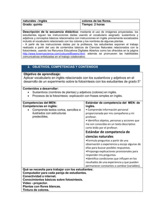naturales - Inglés colores de las flores.
Grado: quinto. Tiempo: 2 horas
Descripción de la secuencia didáctica: mediante el uso de imágenes proyectadas, los
estudiantes siguen las instrucciones dadas usando el vocabulario asignado: sustantivos y
adjetivos y conceptos básicos relacionados con instrucciones en inglés previamente socializados
incluido el vocabulario relacionado con los colores y los nombres de algunas plantas.
- A partir de las instrucciones dadas por la profesora, los estudiantes exponen el trabajo
realizado a partir del uso de contenidos básicos de Ciencias Naturales relacionados con la
fotosíntesis, usando los Recursos Educativos Digitales Abiertos como los ofrecidos en la página
http://www.lovemyscience.com/colouredflowers.html; además se promueven las habilidades
comunicativas enfatizadas en el trabajo colaborativo.
2. OBJETIVOS, COMPETENCIAS Y CONTENIDOS
Objetivo de aprendizaje:
Aplicar vocabulario en inglés relacionado con los sustantivos y adjetivos en el
desarrollo de un experimento sobre la fotosíntesis con los estudiantes de grado 5°
Contenidos a desarrollar:
 Sustantivos (nombres de plantas) y adjetivos (colores) en inglés.
 Procesos de la fotosíntesis: explicación con frases simples en inglés.
Competencias del MEN:
Competencias en inglés:
 Comprende textos cortos, sencillos e
ilustrados con estructuras
predecibles.
Estándar de competencia del MEN: de
inglés.
• Comprendo información personal
proporcionada por mis compañeros y mi
profesor.
• Identifico objetos, personas y acciones que
me son conocidas en un texto descriptivo
corto leído por el profesor.
Estándar de competencia de
ciencias naturales
•Formulo preguntas a partir de una
observación o experiencia y escojo algunas de
ellas para buscar posibles respuestas.
•Propongo explicaciones provisionales para
responder mis preguntas.
•Identifico condiciones que influyen en los
resultados de una experiencia y que pueden
permanecer constantes o cambiar (variables).
Qué se necesita para trabajar con los estudiantes:
Computador para cada pareja de estudiantes.
Conectividad a internet.
Conocimientos básicos sobre fotosíntesis.
Video - proyector.
Plantas con flores blancas.
Tintura de colores.
 