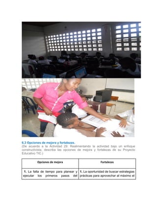 6)
Foto
6.3 Opciones de mejora y fortalezas.
(De acuerdo a la Actividad 29: Realimentando la actividad bajo un enfoque
constructivista, describa las opciones de mejora y fortalezas de su Proyecto
Educativo TIC.)
Opciones de mejora Fortalezas
1. 1. La falta de tiempo para planear y
ejecutar los primeros pasos del
1. La oportunidad de buscar estrategias
prácticas para aprovechar al máximo el
 