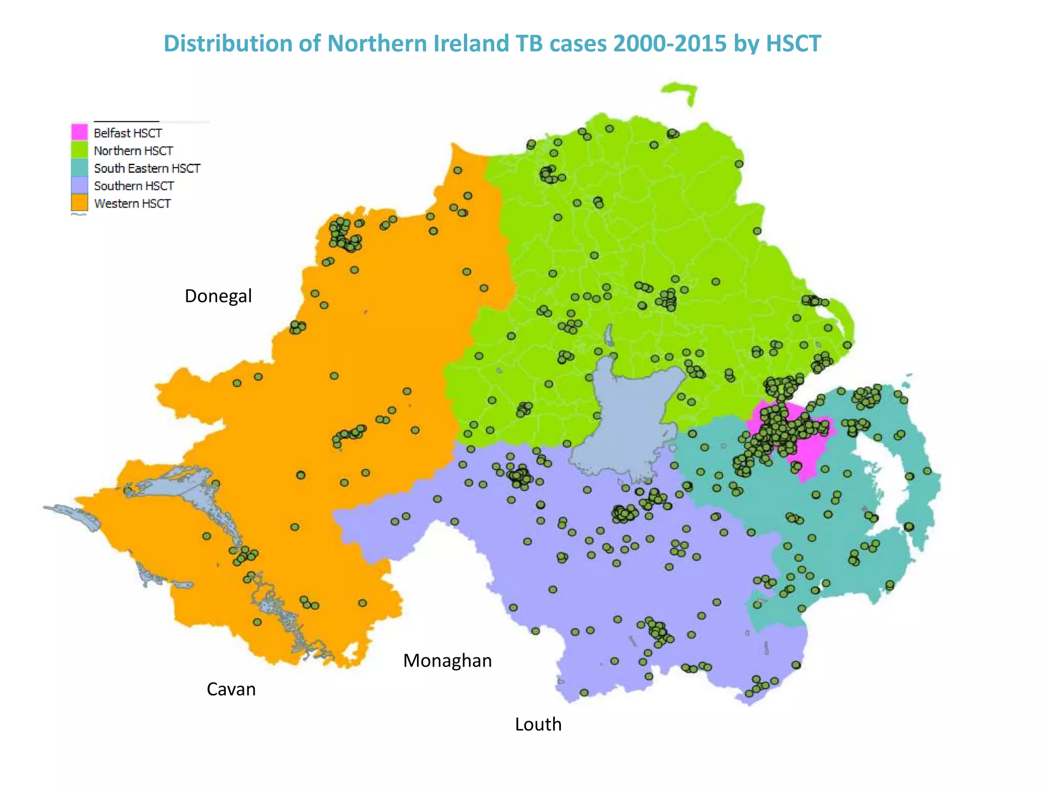 Distribution of Northern Ireland TB cases 2000-2015 by HSCT
Monaghan
Cavan
Donegal
Louth
 