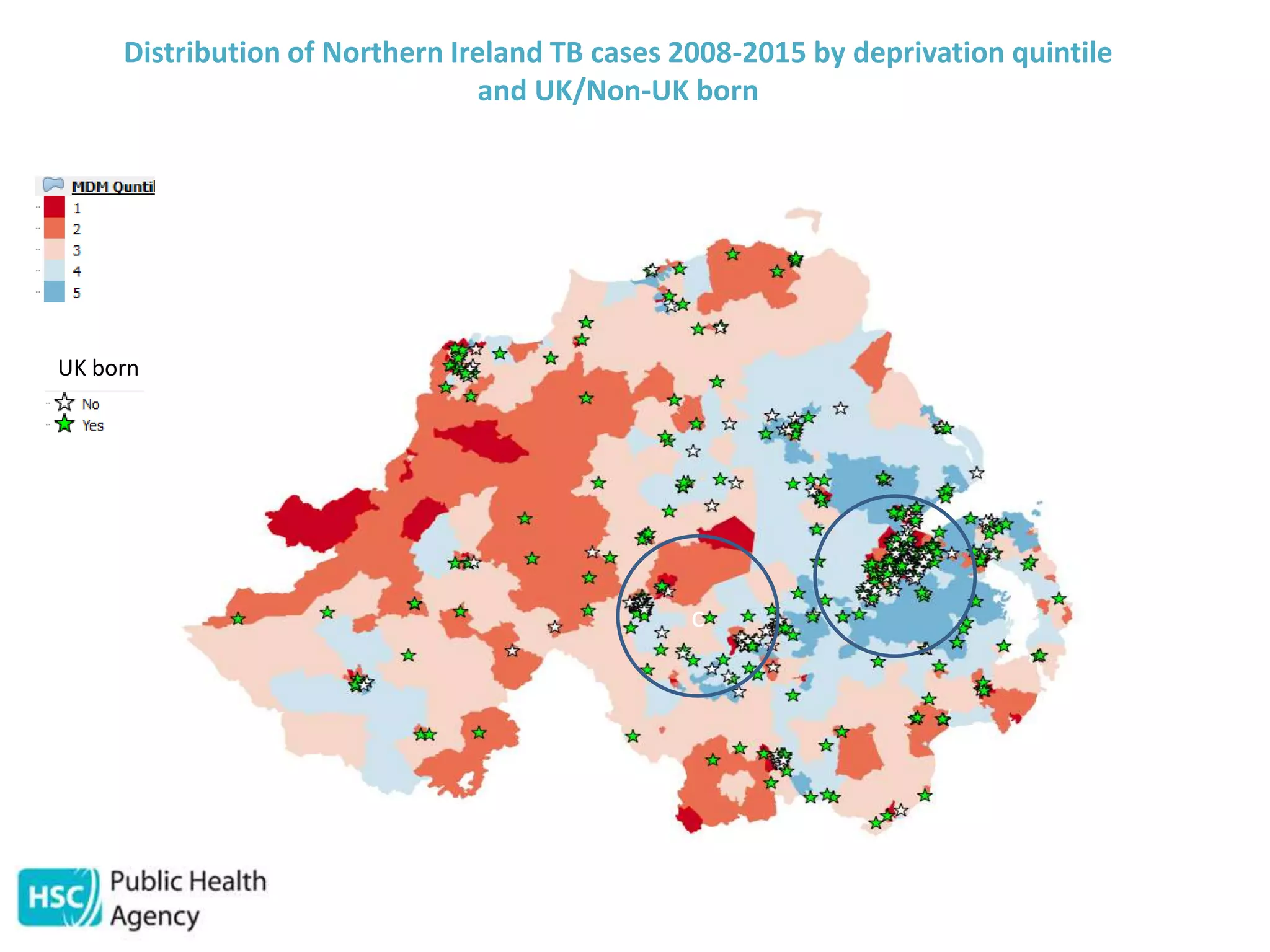 Distribution of Northern Ireland TB cases 2008-2015 by deprivation quintile
and UK/Non-UK born
UK born
c
 