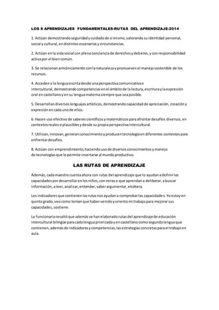 LOS 8 APRENDIZAJES FUNDAMENTALES-RUTAS DEL APRENDIZAJE-2014
1. Actúan demostrandoseguridadycuidadode sí mismo,valorandosuidentidad personal,
social y cultural,endistintosescenariosycircunstancias.
2. Actúan enla vidasocial con plenaconcienciade derechosydeberes,ycon responsabilidad
activapor el biencomún.
3. Se relacionanarmónicamente conlanaturalezaypromuevenel manejosostenible de los
recursos.
4. Accedena la lenguaescritadesde unaperspectivacomunicativae
intercultural, demostrandocompetenciasenel ámbitode lalectura,escrituraylaexpresión
oral encastellanoyensu lenguamaternasiempre que seaposible.
5. Desarrollandiversoslenguajesartísticos,demostrandocapacidadde apreciación, creacióny
expresiónencadaunode ellos.
6. Hacen uso efectivode saberescientíficosymatemáticosparaafrontardesafíos diversos,en
contextosrealesoplausiblesydesde supropiaperspectivaintercultural.
7. Utilizan,innovan,generanconocimientoyproducentecnologíaendiferentes contextospara
enfrentardesafíos.
8. Actúan con emprendimiento,haciendousode diversosconocimientosymanejo
de tecnologíasque le permite insertarse al mundoproductivo.
LAS RUTAS DE APRENDIZAJE
Además,cadamaestrocuentaahora con rutas del aprendizaje que lo ayudanadefinirlas
capacidadespordesarrollarenlosniños,conmirasa que aprendana deliberar,abuscar
información,aleer,analizar,entender,saberargumentar,etcétera.
Los indicadoresque contienenlasrutasnosayudana comprobarlas capacidades.Yoestoyen
quintogrado,veocomo teníanque habervenidoyorientomi trabajopara mejorarsus
capacidades,sostiene.
La funcionariaresaltóque ademásse hanelaboradorutasdel aprendizajede educación
intercultural bilingüe paracadalenguapriorizadayencastellanocomosegundalenguaque
contienen,ademásde indicadoresycompetencias,lasestrategiasconcretasparael trabajoen
aula.
 