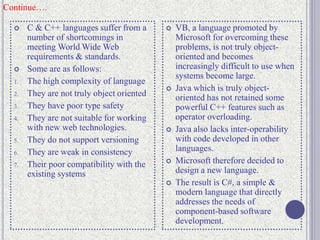 Continue….
 C & C++ languages suffer from a
number of shortcomings in
meeting World Wide Web
requirements & standards.
 Some are as follows:
1. The high complexity of language
2. They are not truly object oriented
3. They have poor type safety
4. They are not suitable for working
with new web technologies.
5. They do not support versioning
6. They are weak in consistency
7. Their poor compatibility with the
existing systems
 VB, a language promoted by
Microsoft for overcoming these
problems, is not truly object-
oriented and becomes
increasingly difficult to use when
systems become large.
 Java which is truly object-
oriented has not retained some
powerful C++ features such as
operator overloading.
 Java also lacks inter-operability
with code developed in other
languages.
 Microsoft therefore decided to
design a new language.
 The result is C#, a simple &
modern language that directly
addresses the needs of
component-based software
development.
 