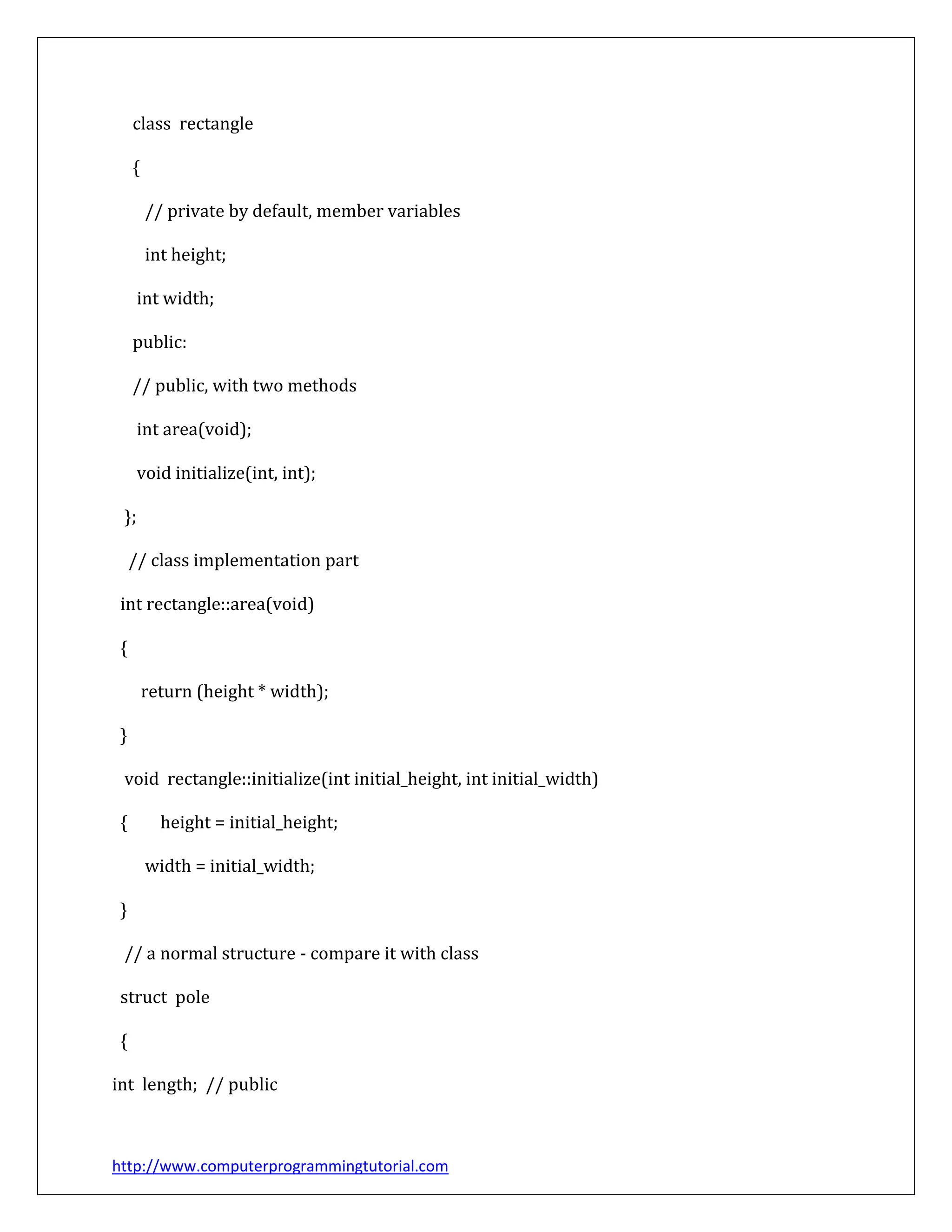 http://www.computerprogrammingtutorial.com
class rectangle
{
// private by default, member variables
int height;
int width;
public:
// public, with two methods
int area(void);
void initialize(int, int);
};
// class implementation part
int rectangle::area(void)
{
return (height * width);
}
void rectangle::initialize(int initial_height, int initial_width)
{ height = initial_height;
width = initial_width;
}
// a normal structure - compare it with class
struct pole
{
int length; // public
 
