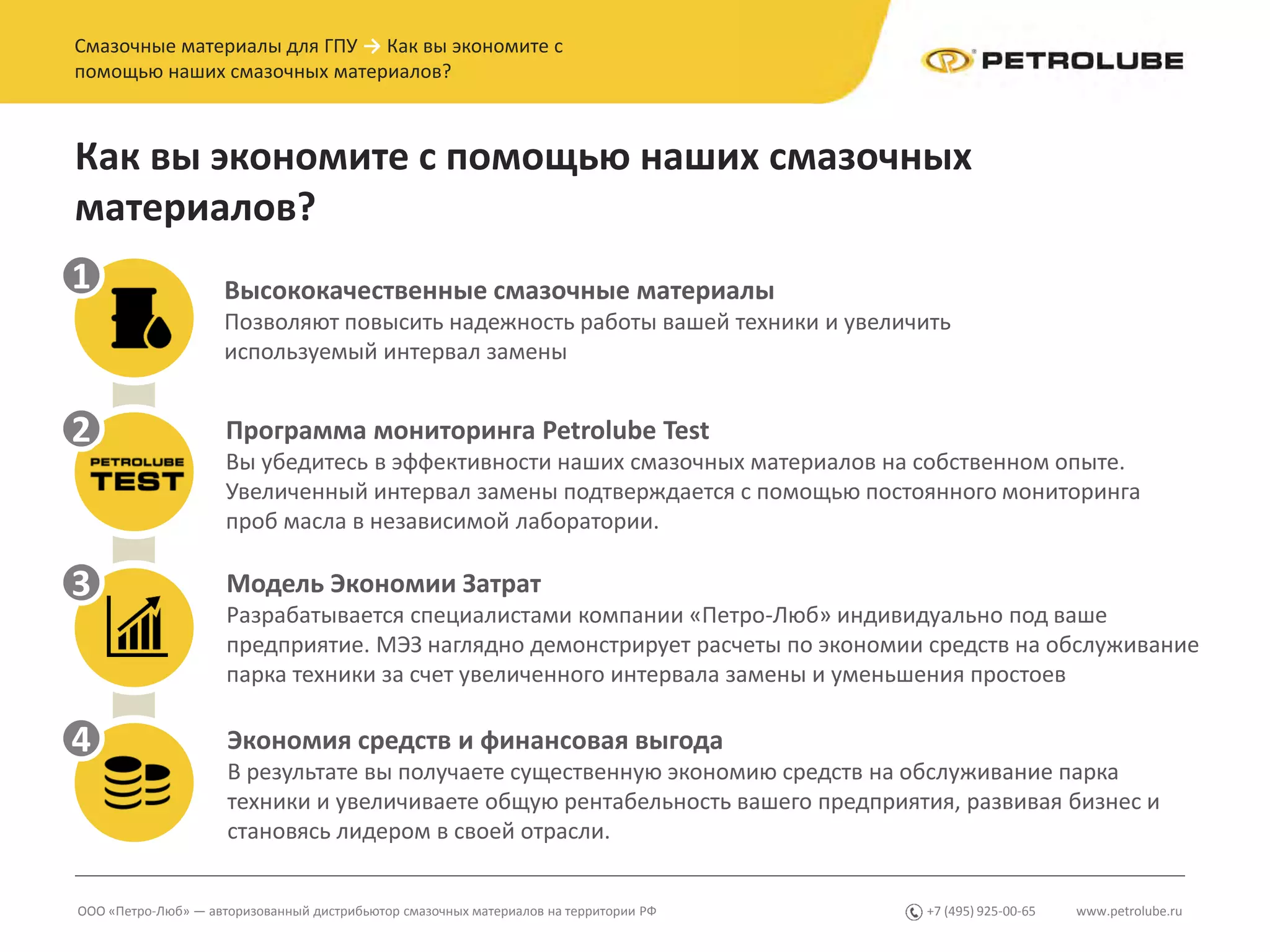 www.petrolube.ru+7 (495) 925-00-65ООО «Петро-Люб» — авторизованный дистрибьютор смазочных материалов на территории РФ
Смазочные материалы для ГПУ → Как вы экономите с
помощью наших смазочных материалов?
Как вы экономите с помощью наших смазочных
материалов?
1
2
3
4
Высококачественные смазочные материалы
Позволяют повысить надежность работы вашей техники и увеличить
используемый интервал замены
Модель Экономии Затрат
Разрабатывается специалистами компании «Петро-Люб» индивидуально под ваше
предприятие. МЭЗ наглядно демонстрирует расчеты по экономии средств на обслуживание
парка техники за счет увеличенного интервала замены и уменьшения простоев
Программа мониторинга Petrolube Test
Вы убедитесь в эффективности наших смазочных материалов на собственном опыте.
Увеличенный интервал замены подтверждается с помощью постоянного мониторинга
проб масла в независимой лаборатории.
Экономия средств и финансовая выгода
В результате вы получаете существенную экономию средств на обслуживание парка
техники и увеличиваете общую рентабельность вашего предприятия, развивая бизнес и
становясь лидером в своей отрасли.
 