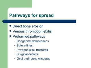 Pathways for spread
 Direct bone erosion
 Venous thrombophlebitis
 Preformed pathways
– Congenital dehiscences
– Suture lines
– Previous skull fractures
– Surgical defects
– Oval and round windows
 