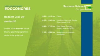 Bedankt voor uw
aandacht!
U heeft nu 55 minuten pauze.
Daarna gaat het programma
verder in de grote zaal.
15:20 – 16:15 uur Pauze
16:15 – 16:45 uur Uitreiking Nyenrode Supply
Chain Award 2016
16:45 – 17:15 uur Zero Waste: Dromen,
durven, delen en DOEN
17:15 – 18:00 uur Netwerkborrel & bezoek
kennisplein
 