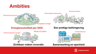 Een prettige leefomgevingEnergieneutraliteit per 2035
Samenwerking en openheid
Ambities
Zichtbaar maken innovatie
Energielasten verlagen
Onderhoudskosten verlagen
VoorbeeldfunctieMinder co2 uitstoot
Duurzaam kantoor
Verlevendigen Stadhuisplein
Sluitende buisnesscase
 